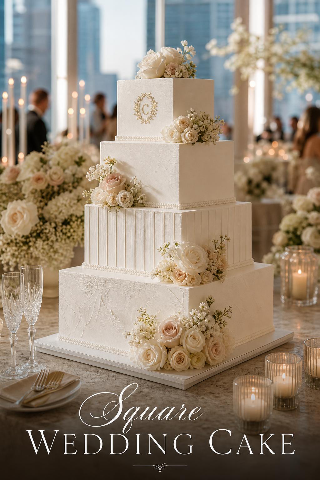 Square wedding cake on an elegant reception table with candles and neutral florals in a bright modern city venue