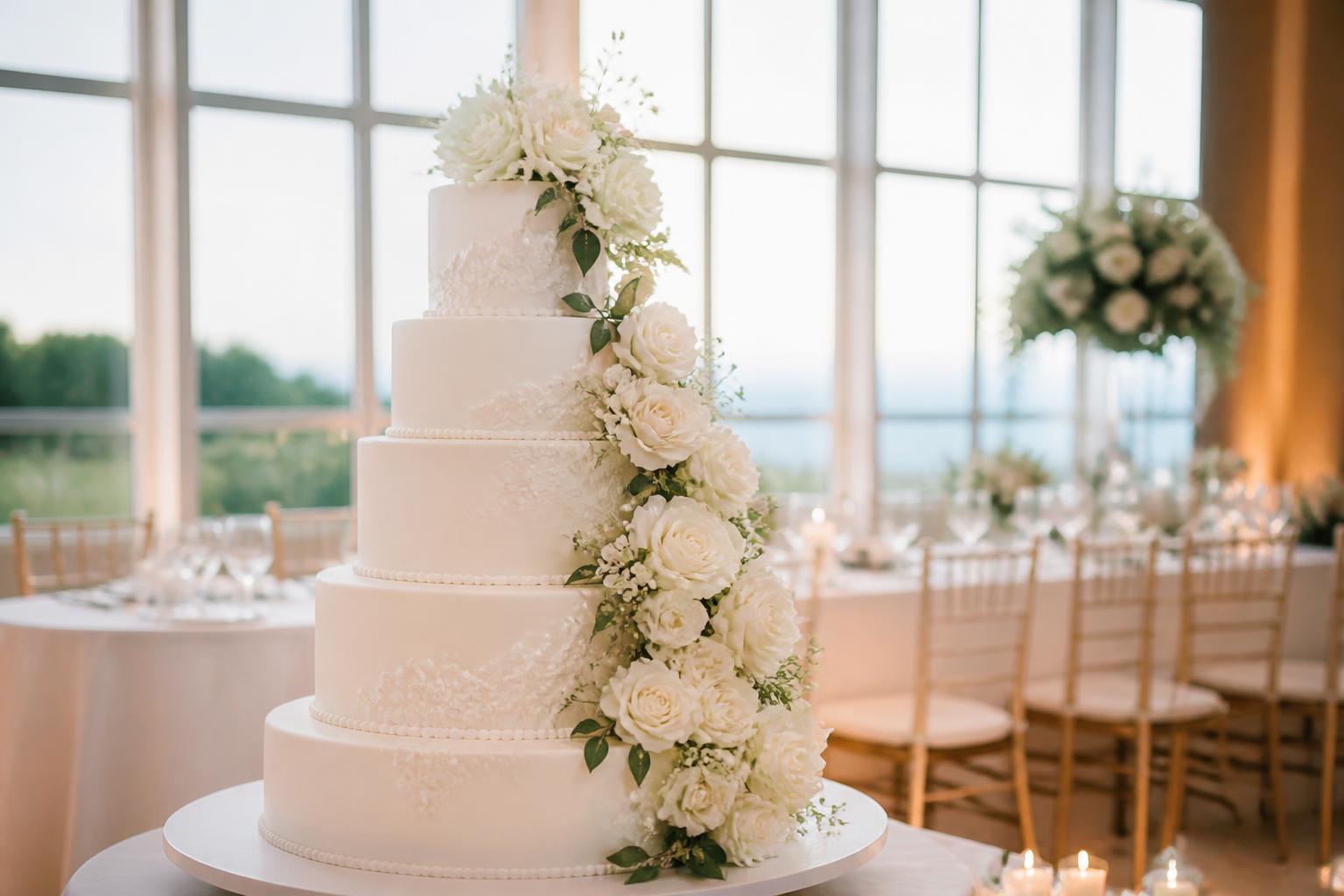 Elegant stacked and separated tier wedding cake structures displayed on a reception table in soft natural light