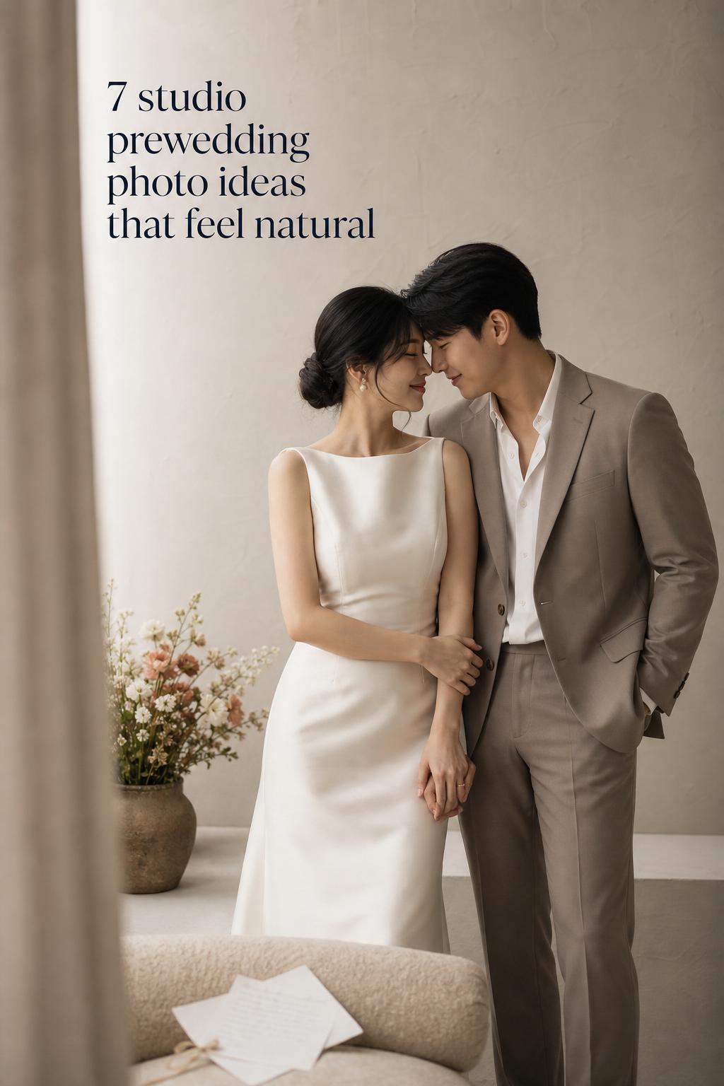 studio prewedding photo ideas with a candid bride and groom portrait in a softly lit modern bridal studio corner