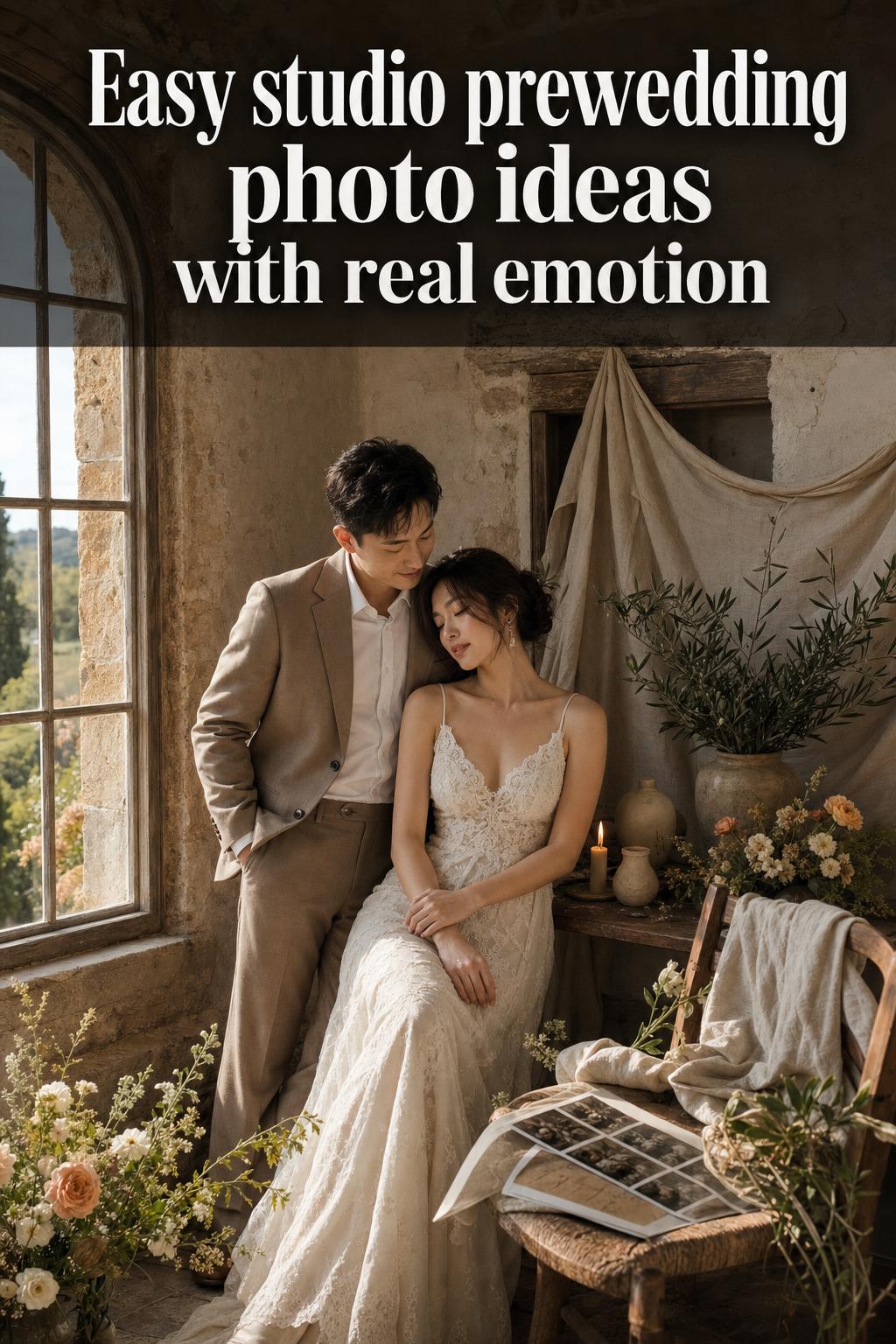 Studio prewedding photo ideas with a couple posing in soft natural light against a minimalist backdrop
