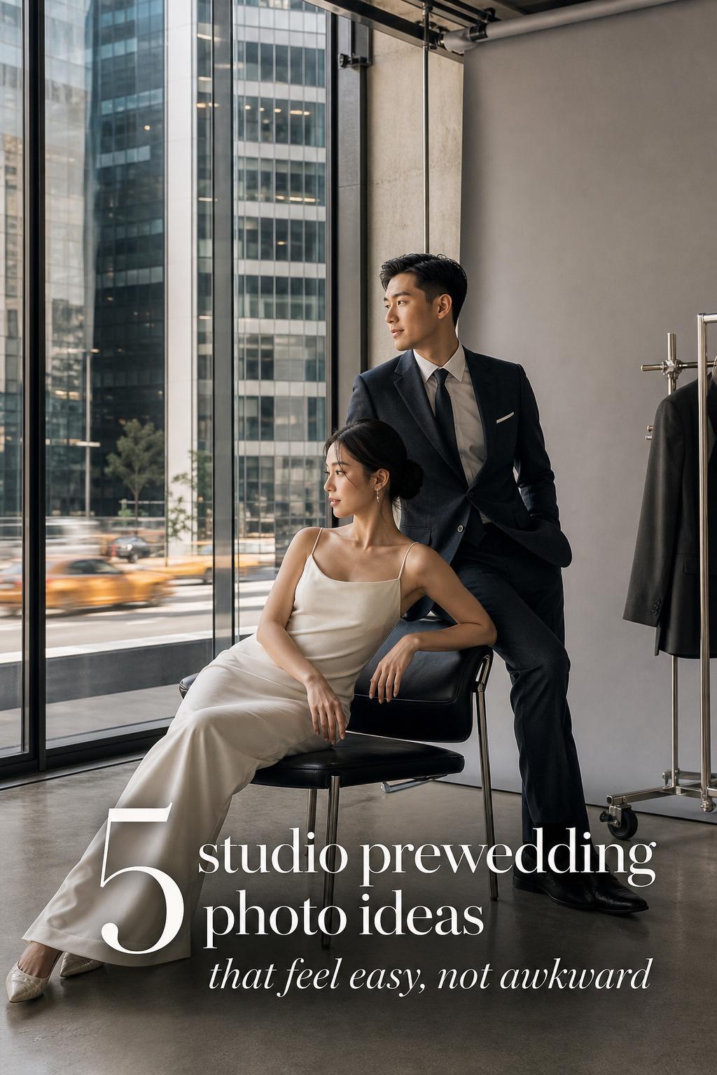 Studio prewedding photo ideas in a modern city studio with an elegant couple by industrial windows and a warm gray backdrop