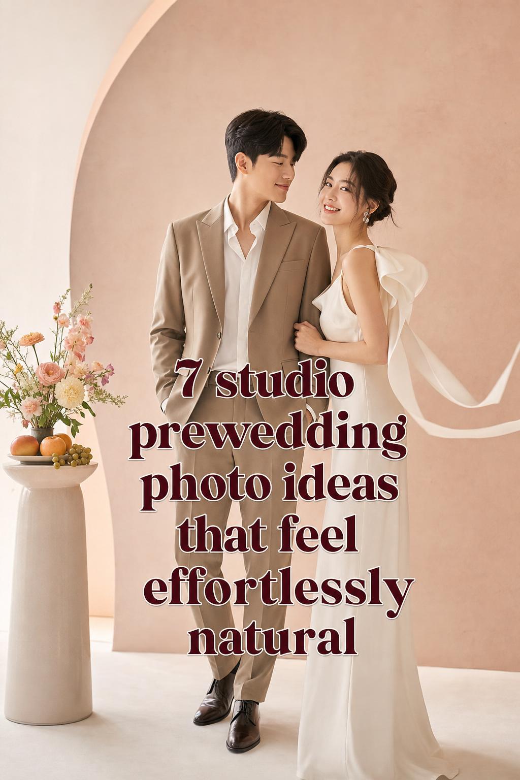 Studio prewedding photo ideas couple portrait in pastel indoor studio with satin slip dress, taupe suit, and floral pedestal