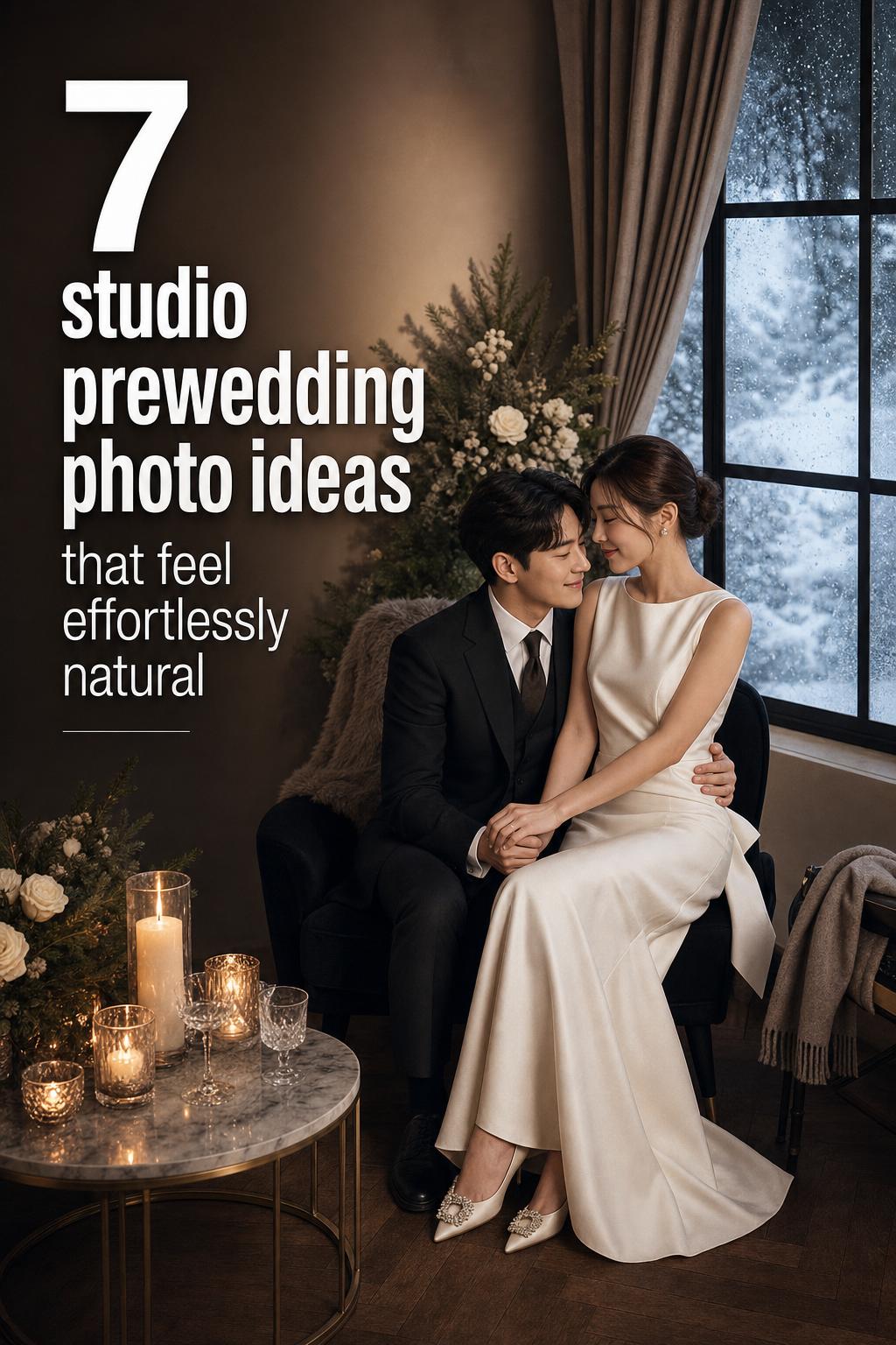 Studio prewedding photo ideas: elegant winter indoor studio portrait of couple by candlelight with ivory backdrop and velvet chair