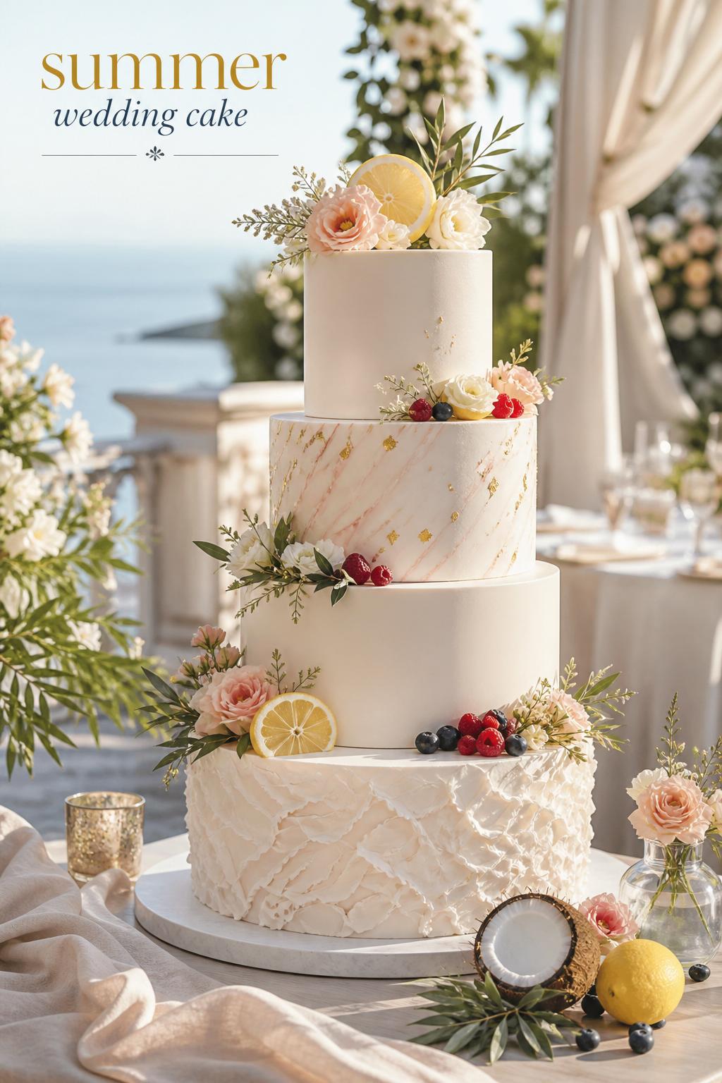 Summer wedding cake on a sunlit outdoor reception table with fresh florals, fruit accents, and elegant editorial styling.