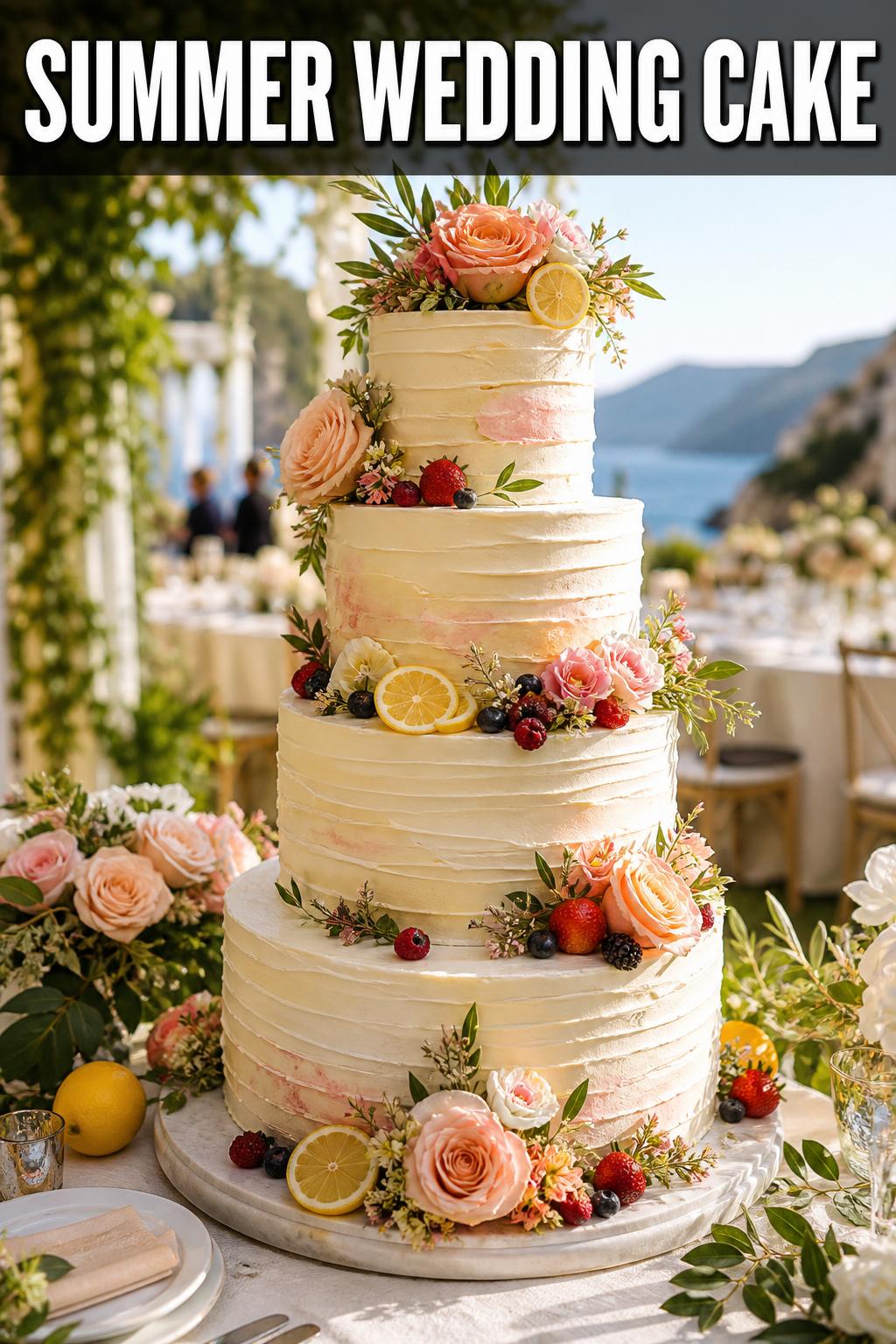Elegant summer wedding cake with fresh flowers on a white table at an outdoor reception