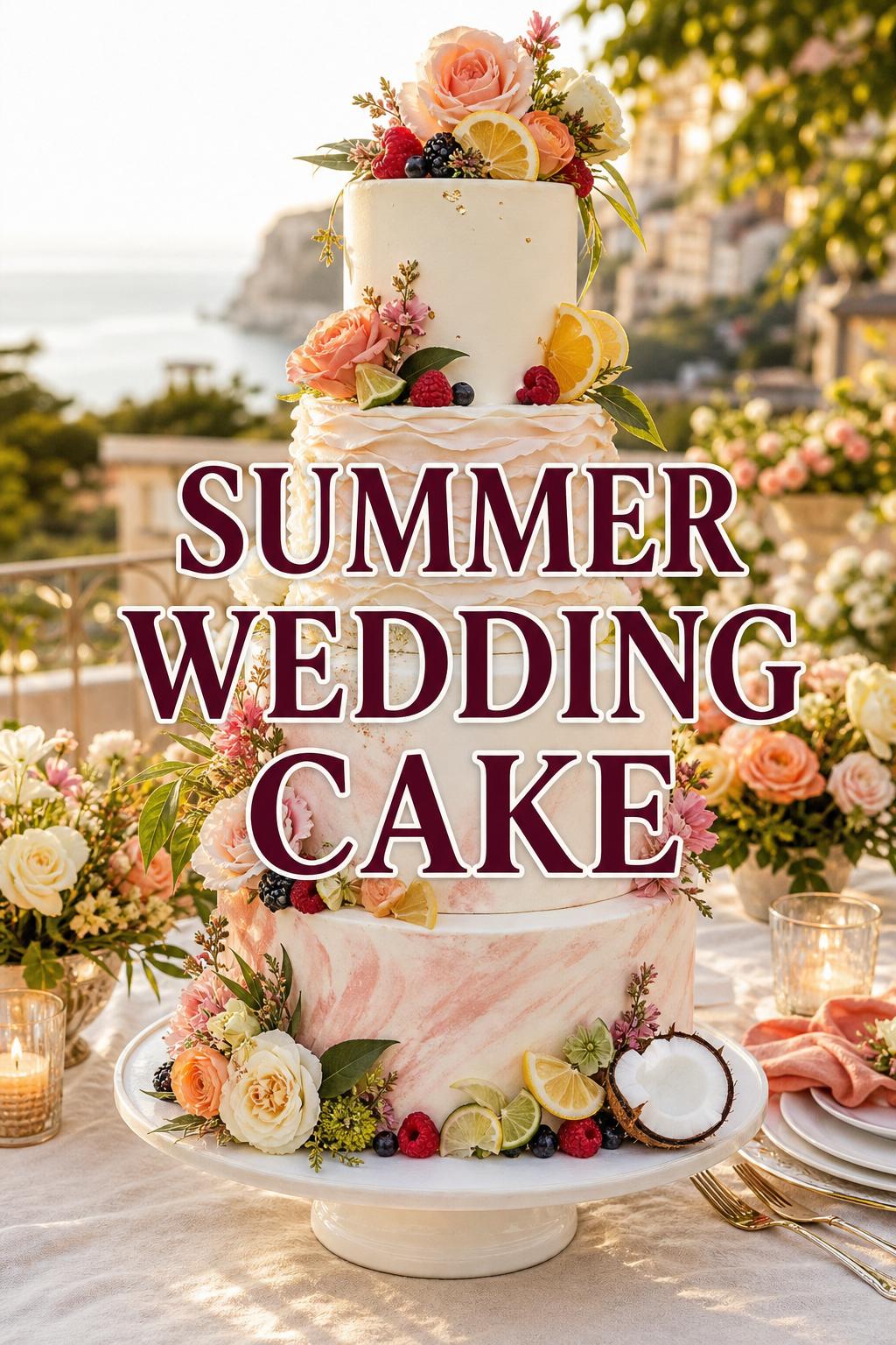 Summer wedding cake on an elegant garden terrace reception table in golden-hour light with centered text overlay