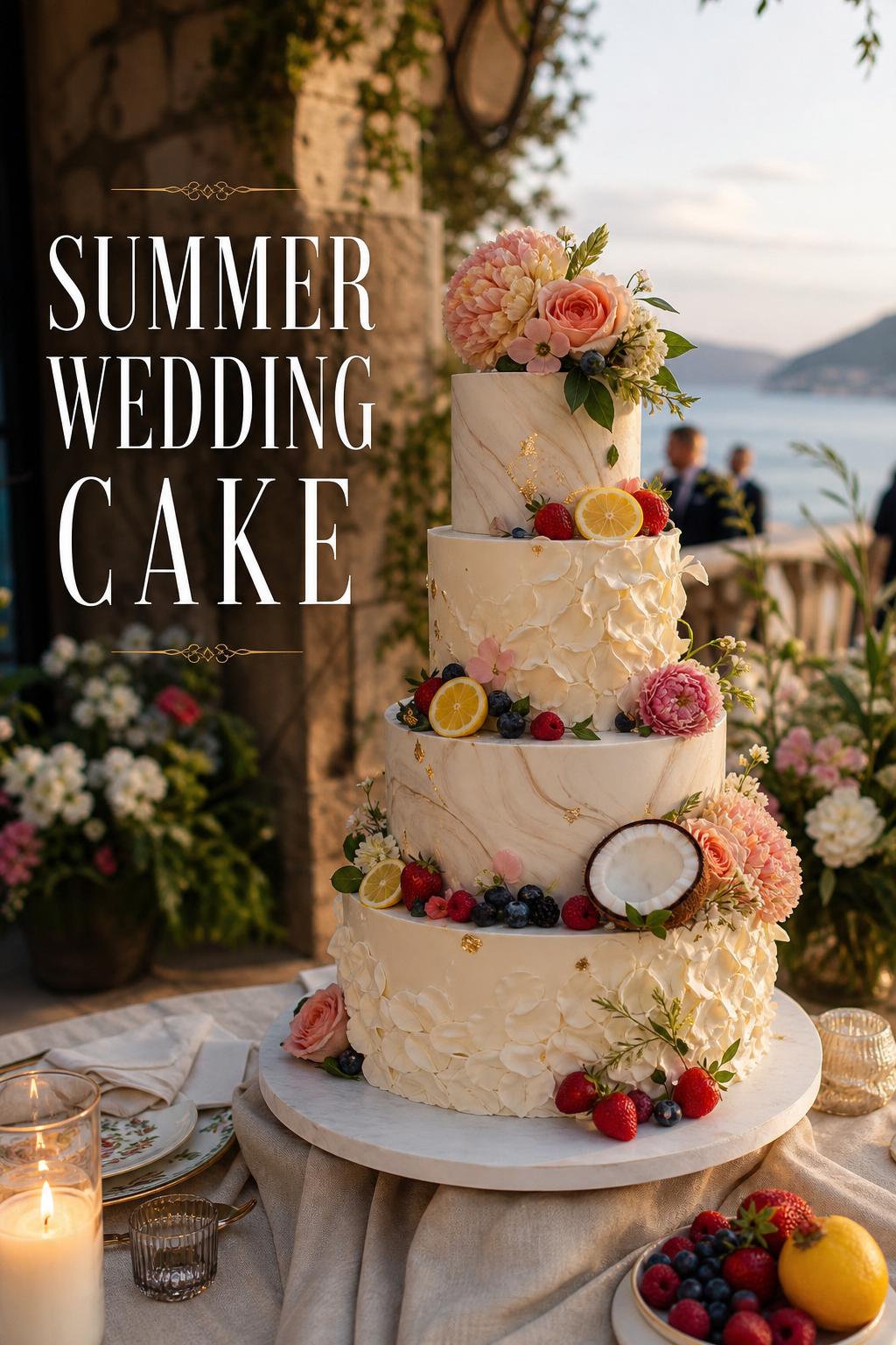 Summer wedding cake on linen table at sunlit garden terrace reception, with textured buttercream, florals and fruit accents