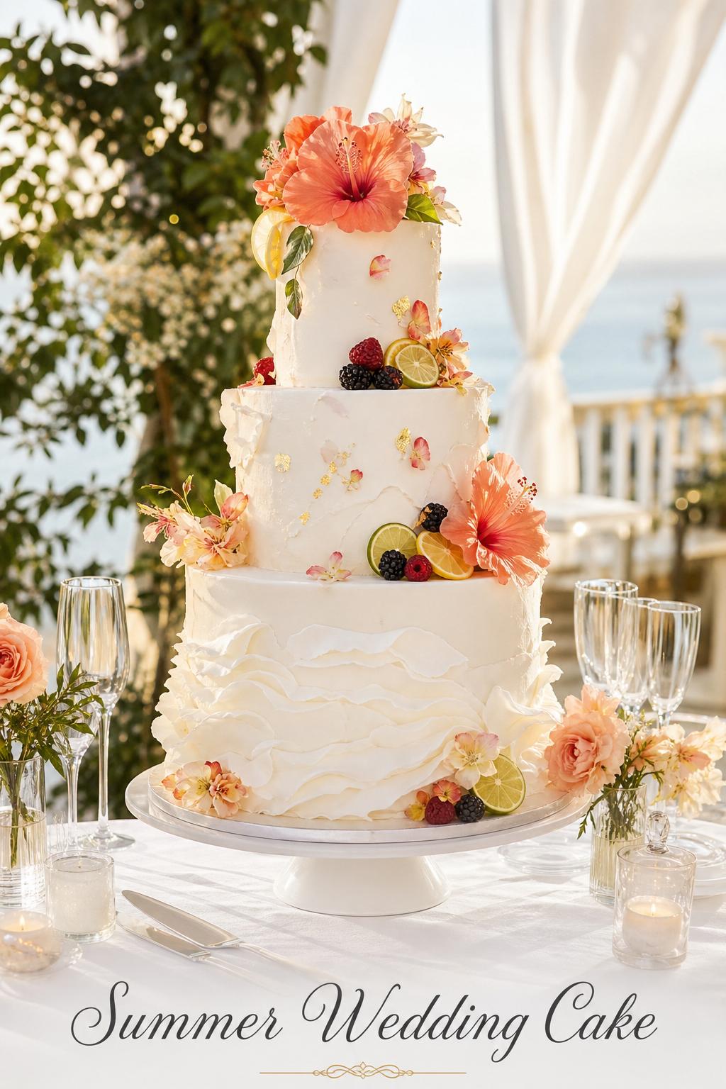 Summer wedding cake with buttercream tiers, fresh florals, and fruit accents on a linen table at an outdoor reception
