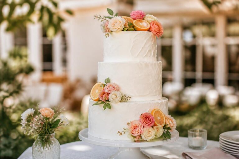 Elegant summer wedding cake with textured buttercream and fresh seasonal flowers on a sunlit outdoor reception table
