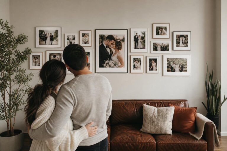 Wedding photo wall display with framed prints in a timeless grid layout above a living room console table