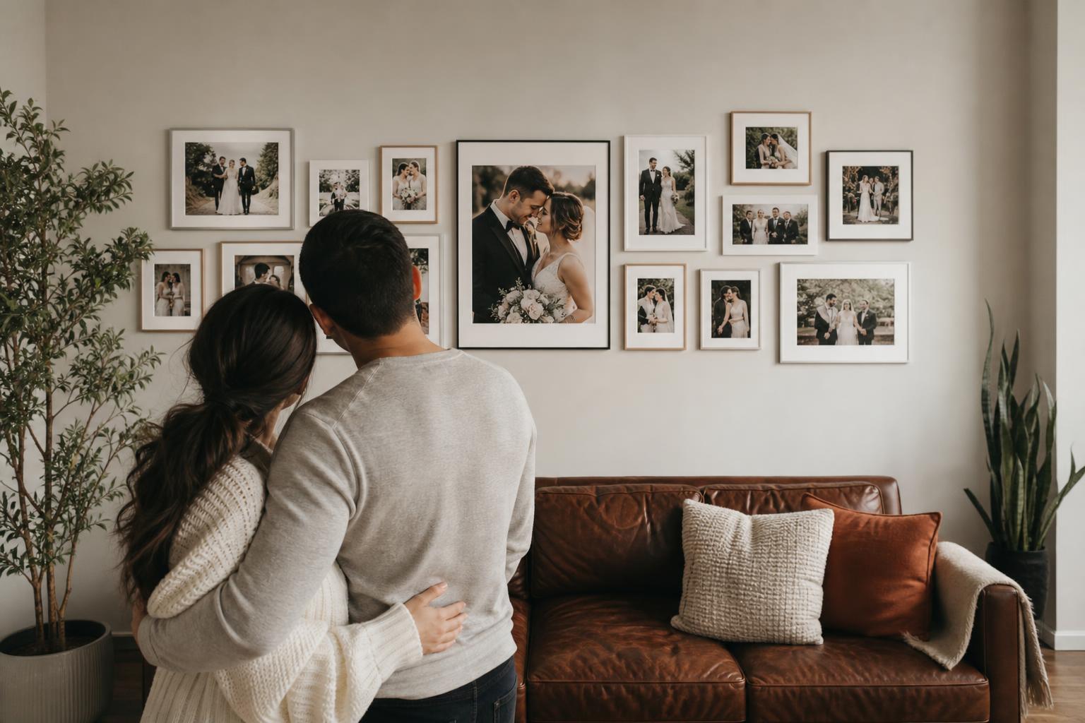 Wedding photo wall display with framed prints in a timeless grid layout above a living room console table
