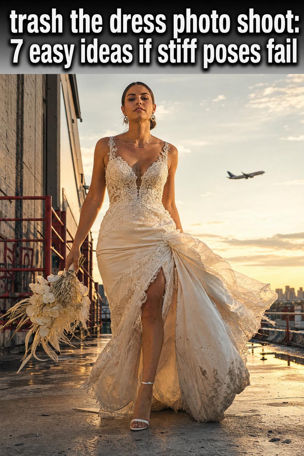 Bride in a wet wedding dress during a trash the dress photo shoot by the ocean at sunset