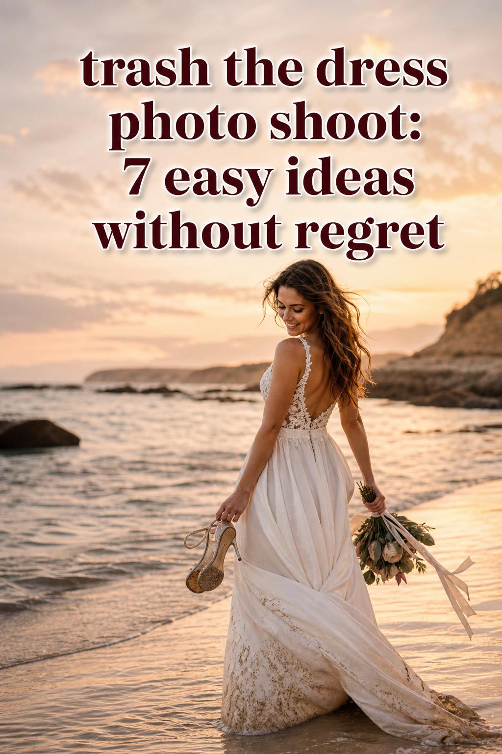 Trash the dress photo shoot bride standing ankle-deep at sunset beach, wet gown hem, shoes and bouquet in hand