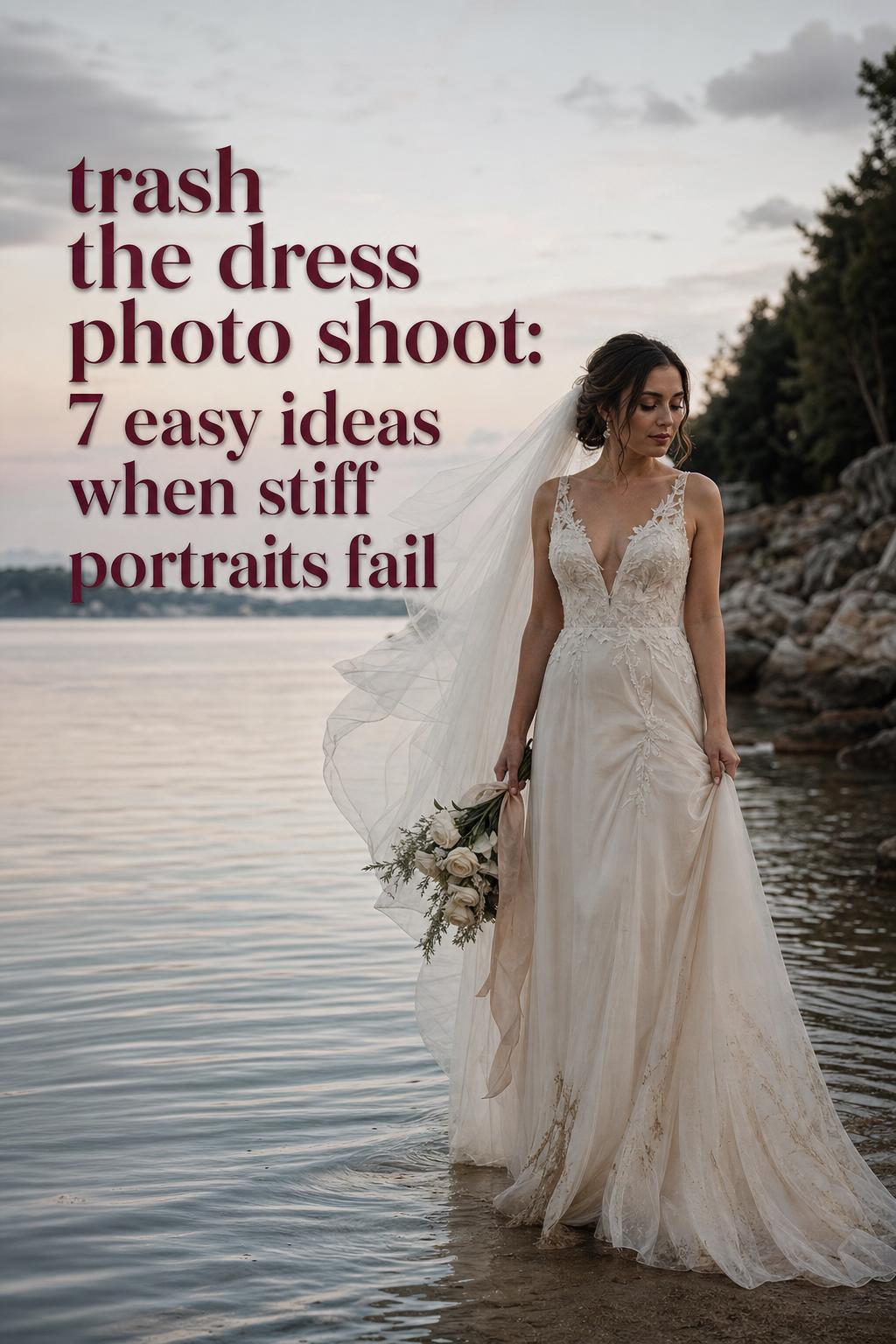 Bride in ivory gown at calm waterfront after sunset, elegant trash the dress photo shoot with veil in wind