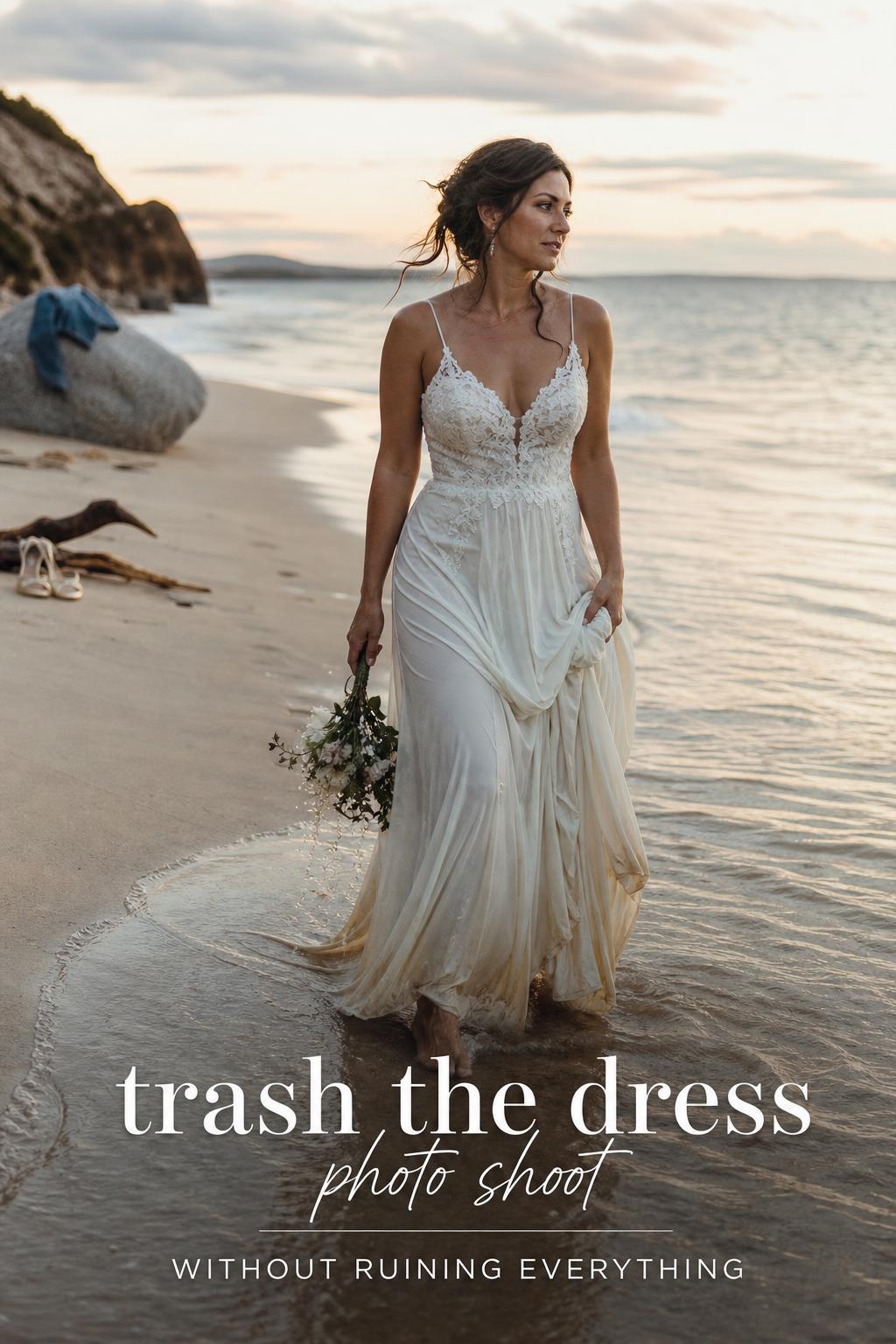 Bride in wet ivory gown at twilight beach, holding bouquet during a trash the dress photo shoot with footprints in sand