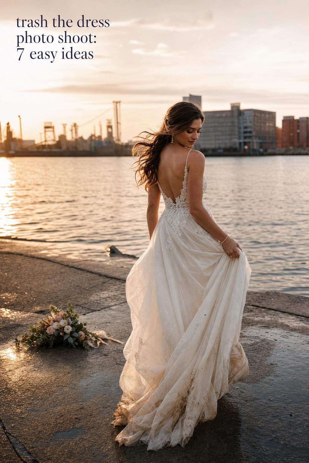 Bride in ivory gown by urban waterfront at golden hour, cinematic trash the dress photo shoot with wind and wet hem