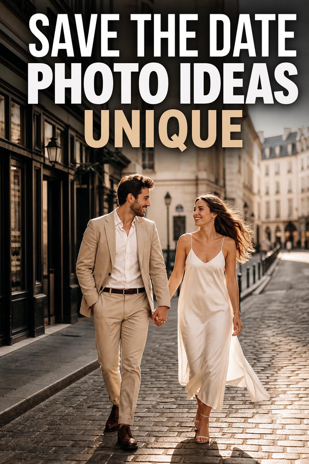 Unique save the date photo ideas featuring a couple holding a handwritten card at sunset