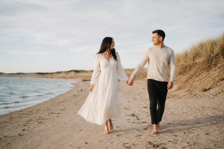 Save the date photo ideas unique: spring couple walking in soft light with minimalist styling and space for typography