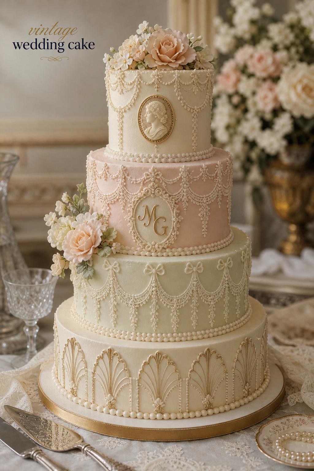 Vintage wedding cake with Lambeth piping and sugar flowers in a romantic luxury bridal setting