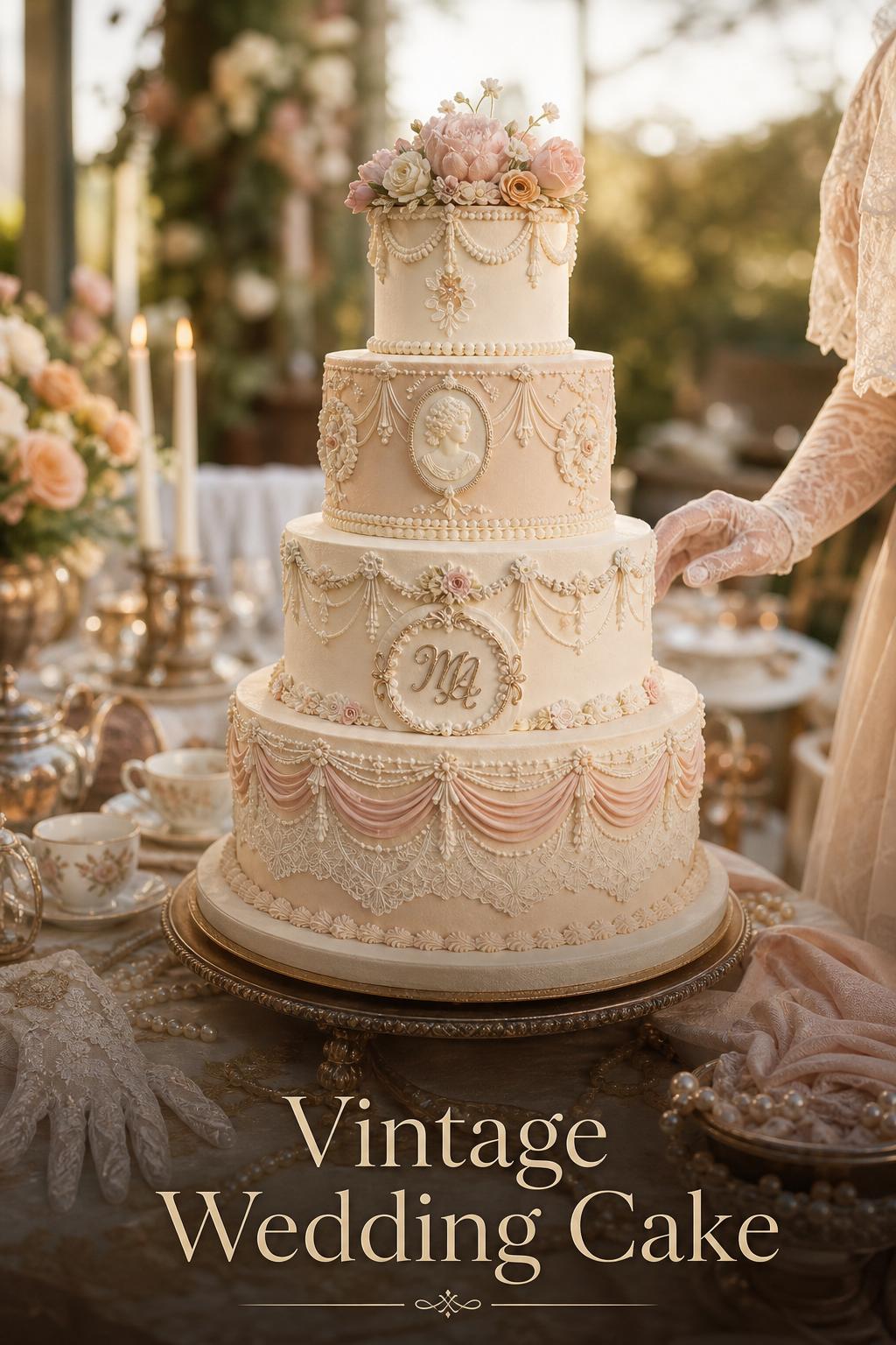 Vintage wedding cake centerpiece on an antique table with candles and sugar flowers at a romantic golden hour reception