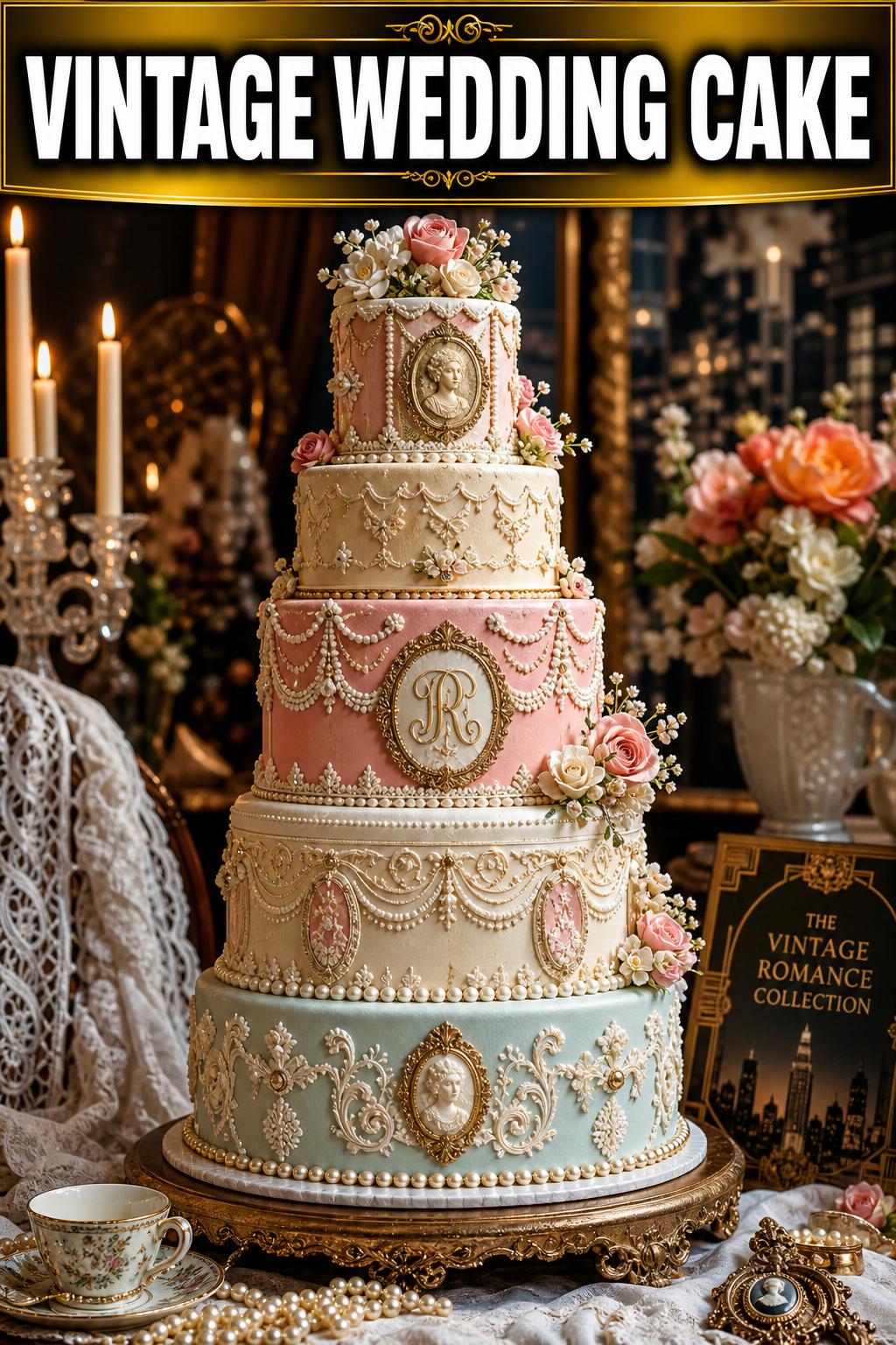 Vintage wedding cake with elegant floral details on a classic reception table