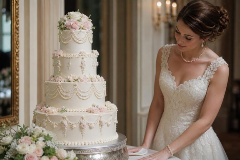 Vintage wedding cake with lace piping, pearl accents, and sugar flowers on an elegant reception table