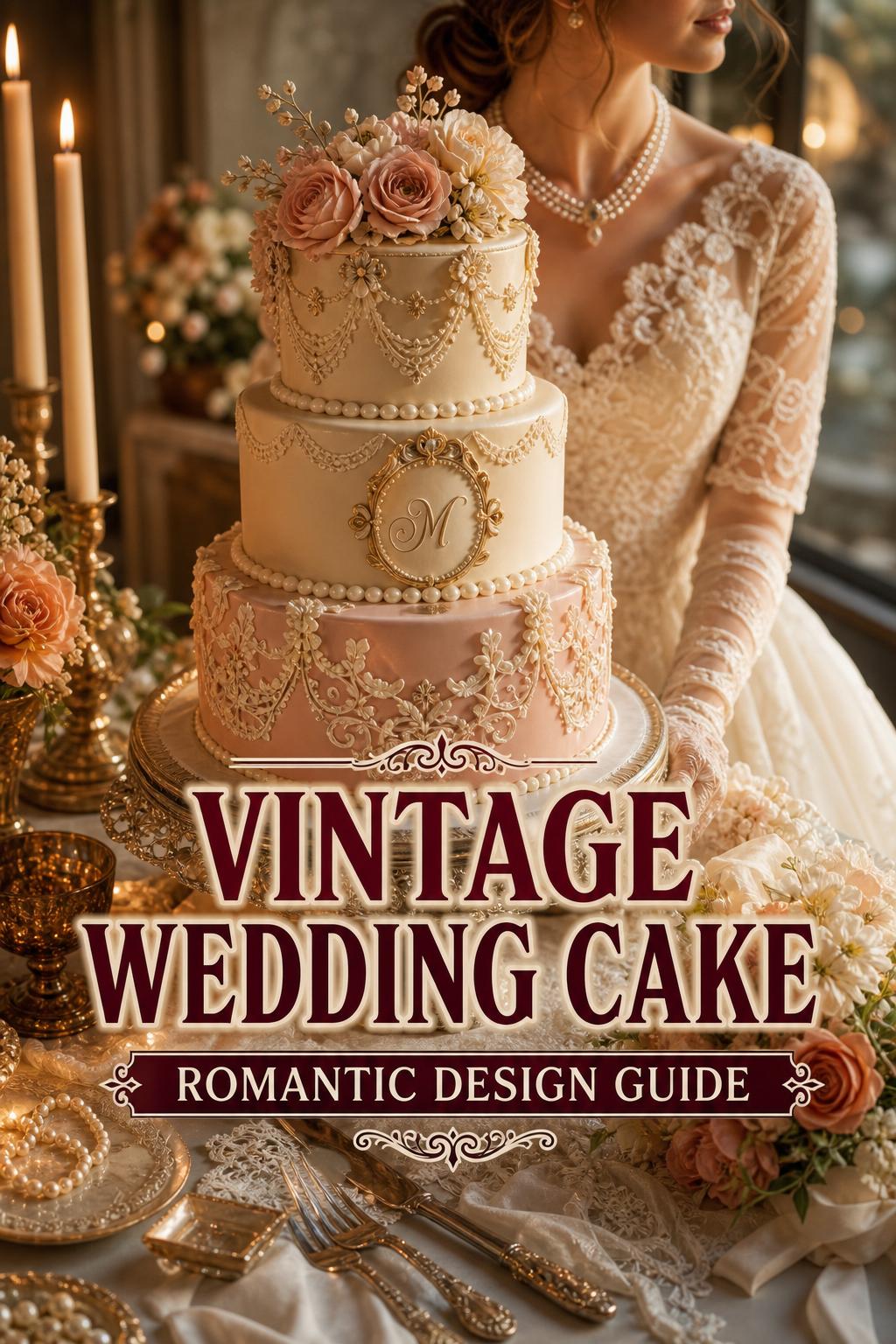 Vintage wedding cake on an ornate table with candles and florals in golden hour wedding light