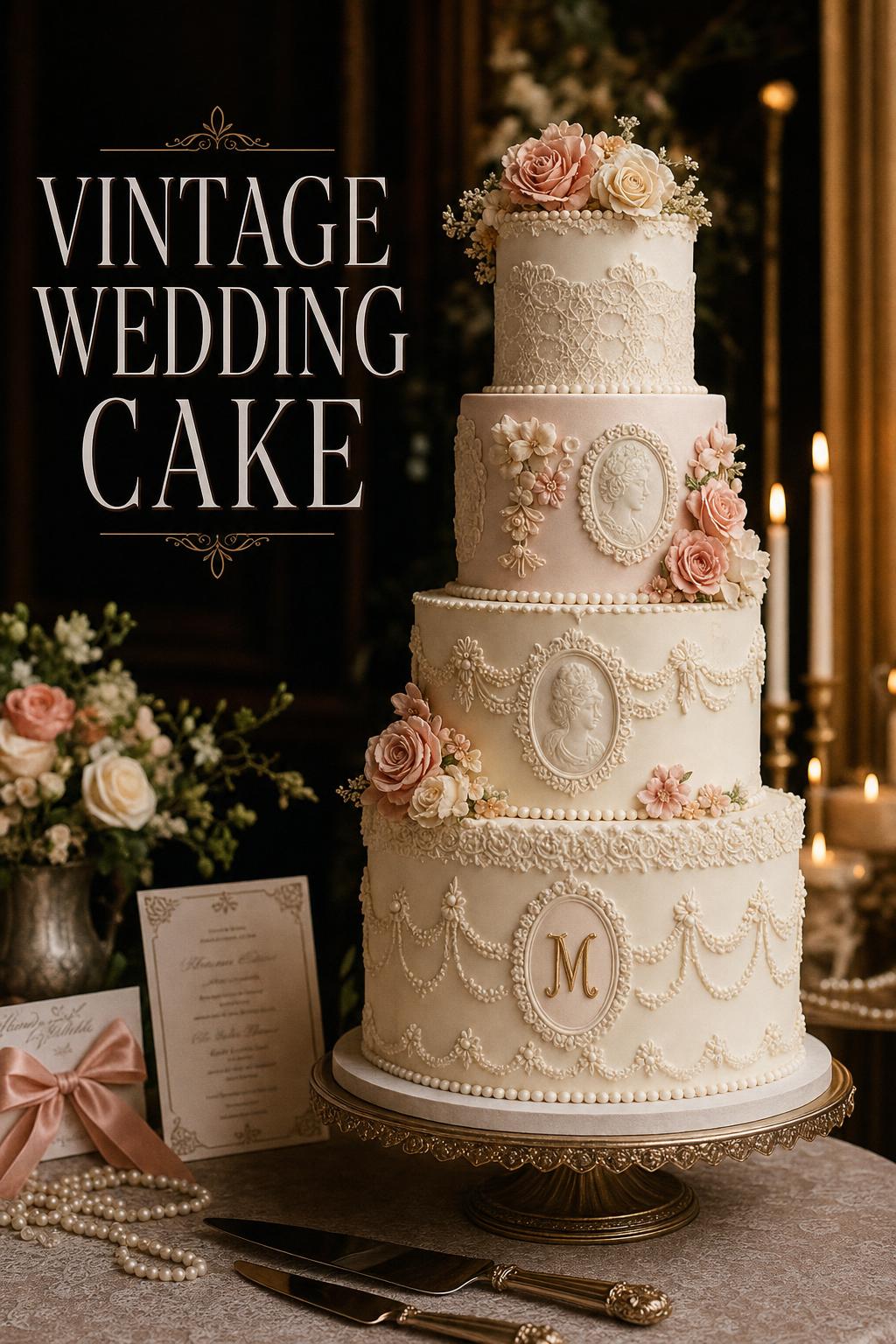 Vintage wedding cake with Lambeth piping at a romantic luxury reception with candles and soft florals