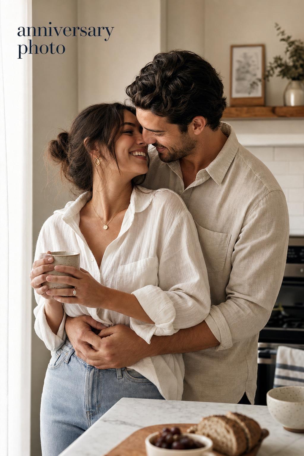 Romantic anniversary photo of a couple embracing in warm window light at home, with elegant text overlay in the corner.