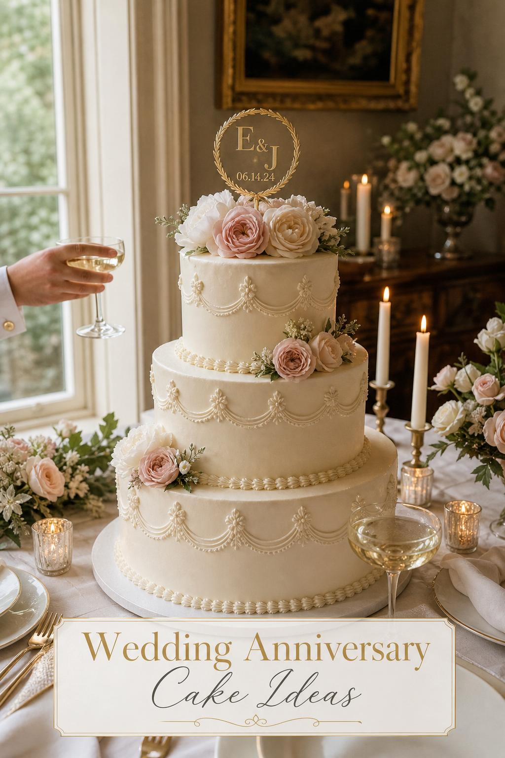 Elegant wedding anniversary cake on a candlelit table with blush flowers and champagne in a romantic dining room