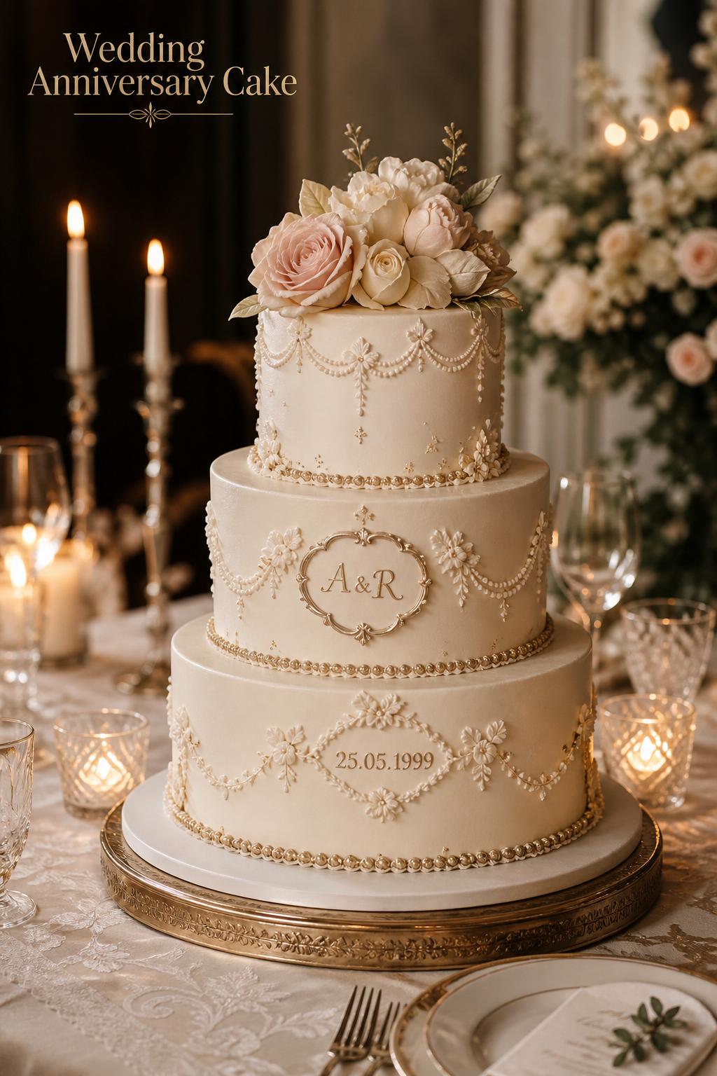 Wedding anniversary cake with roses and candlelit table in an elegant minimalist editorial setting