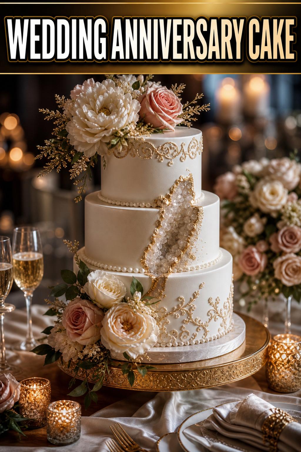 Elegant wedding anniversary cake with floral details and soft candlelight