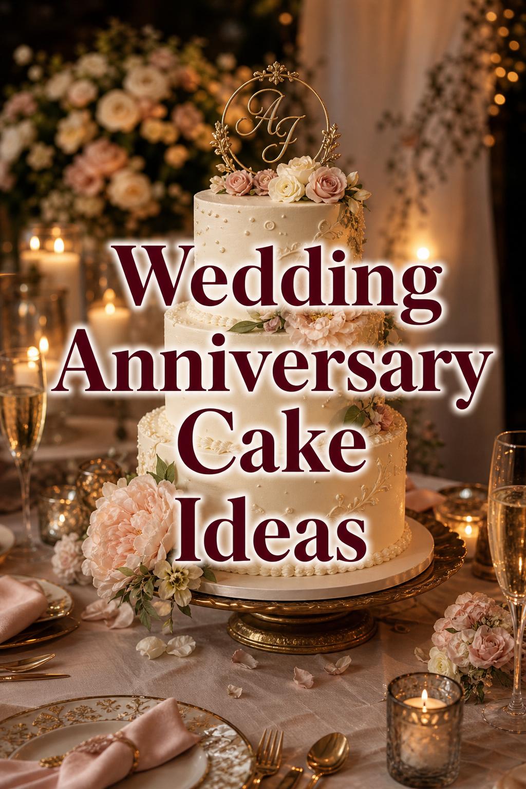 Elegant wedding anniversary cake with roses and candles on a romantic celebration table