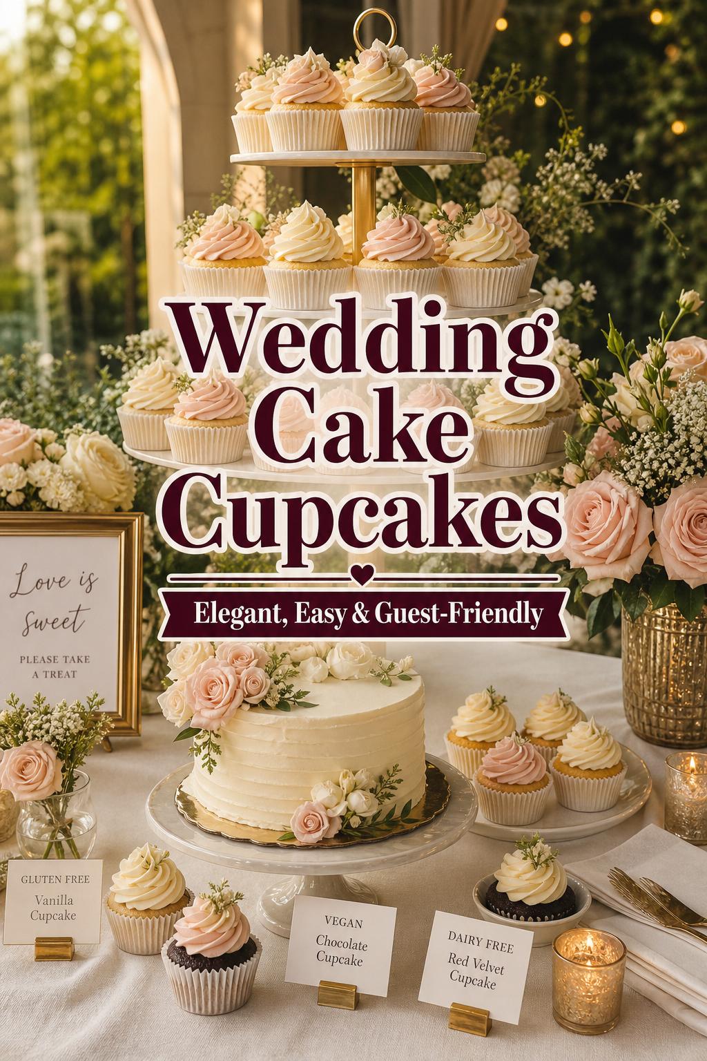 Romantic dessert table with wedding cake cupcakes, cupcake tower, cutting cake, blush and ivory buttercream, golden hour light