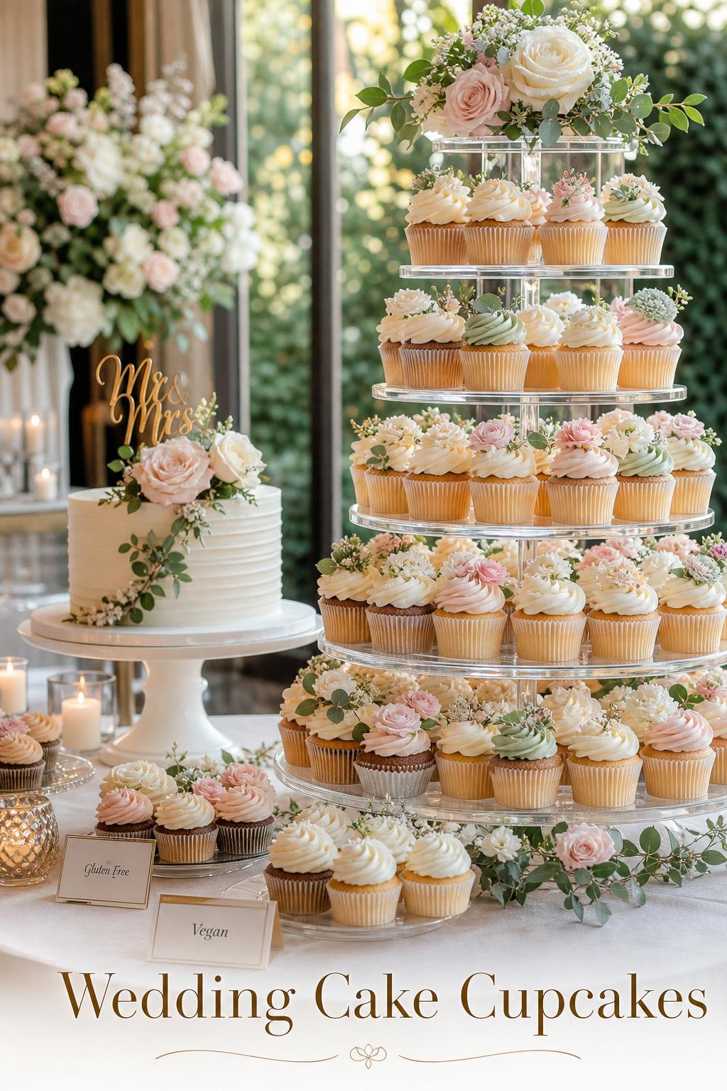 Wedding cake cupcakes on an elegant reception dessert table with blush and ivory buttercream, floral accents, and soft light
