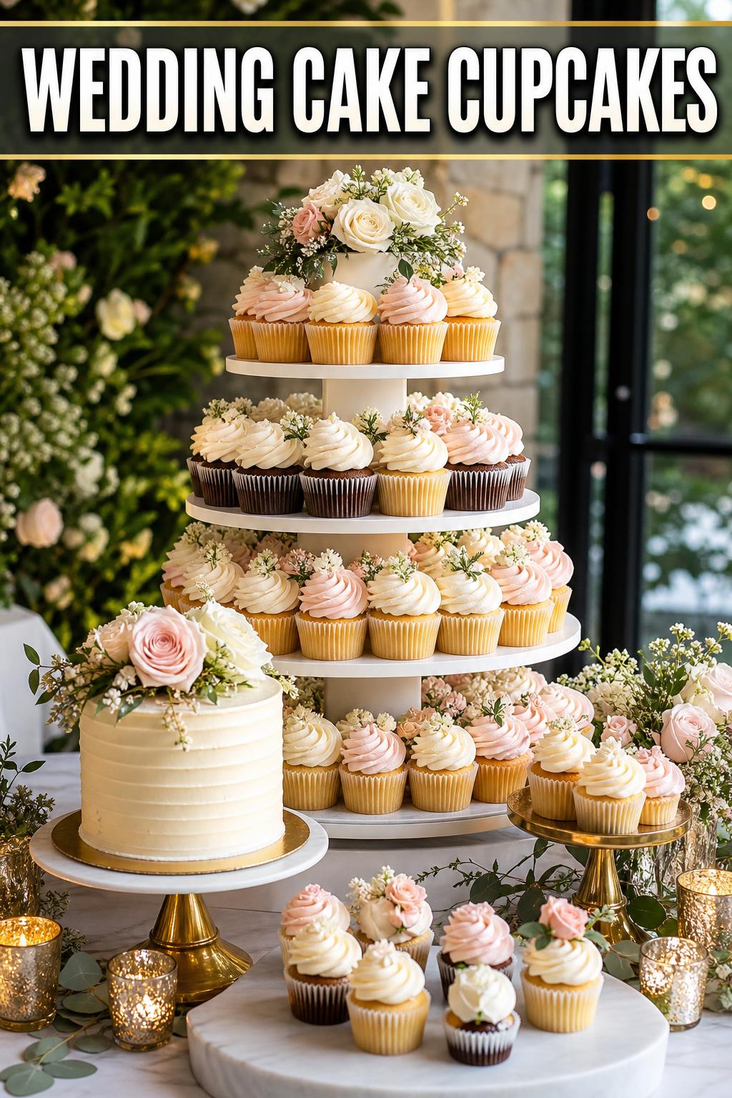 Wedding cake cupcakes displayed on a tiered stand with elegant white frosting and floral details at a reception