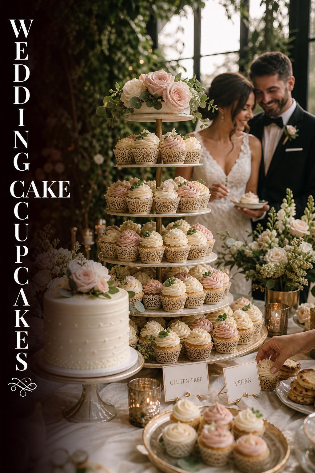 Wedding cake cupcakes on a tiered tower with blush and ivory buttercream, florals, and soft candlelight at a reception