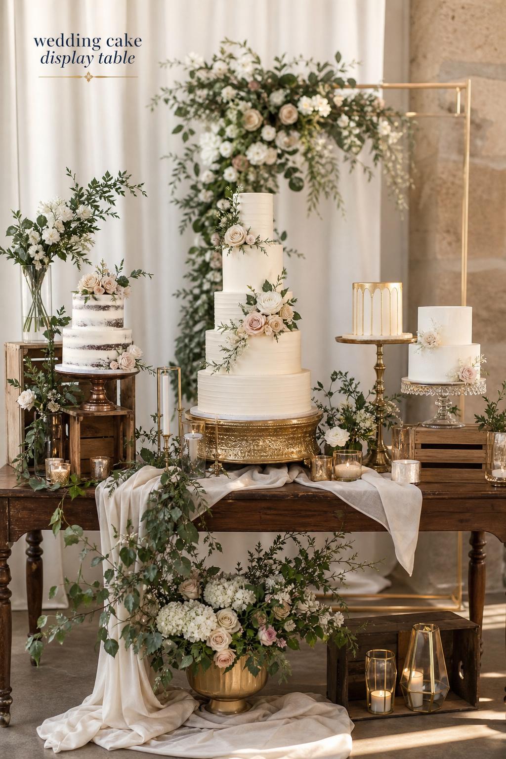 Wedding cake display table with elegant cake, linen runner, florals, candles, and modern vintage rustic accents in neutral light