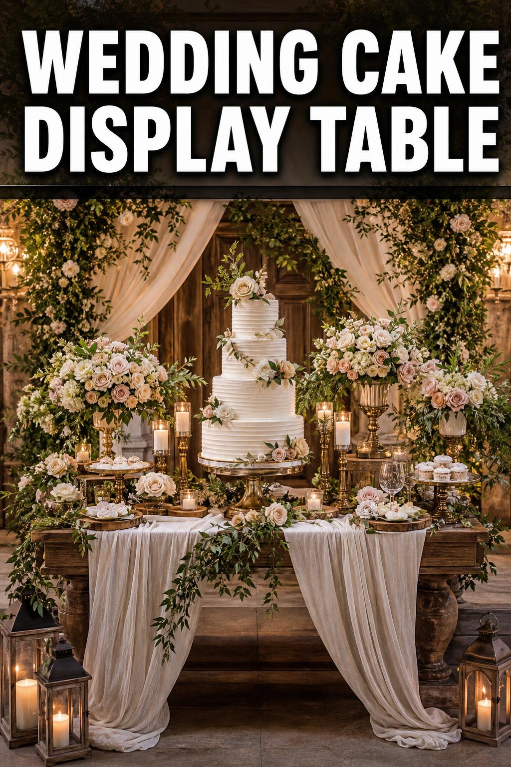 Wedding cake display table with elegant tiered cake, floral decor, and soft candlelight in a reception setting
