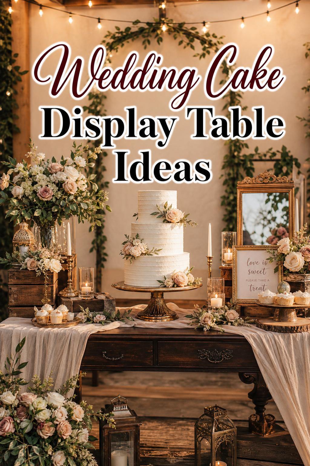 Wedding cake display table ideas in a golden-hour reception scene with florals, candles, linen runners, and rustic wood accents