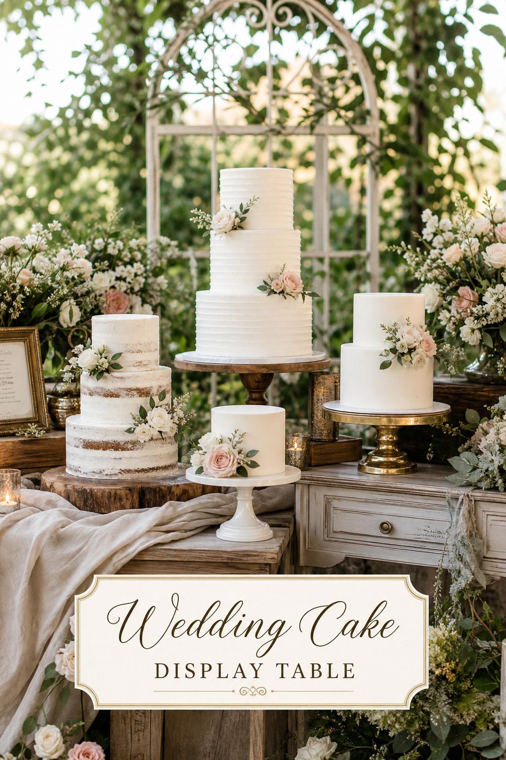 Elegant wedding cake display table with rustic wood risers, vintage brass candles, modern stands and garden florals in soft daylight