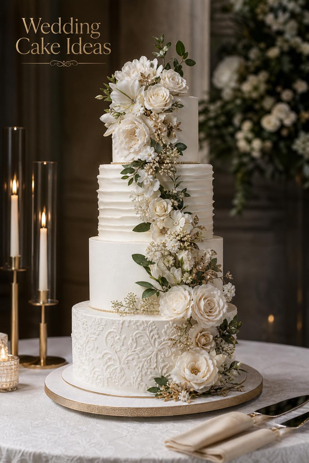 Elegant multi-tier wedding cake with white textures, sugar flowers, and candles in a refined reception setting, wedding cake ideas