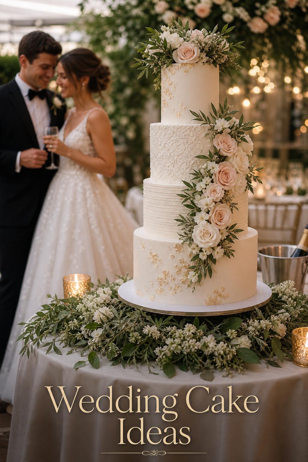 Wedding cake ideas: elegant 4-tier white cake with blush florals on a candlelit garden-inspired reception table