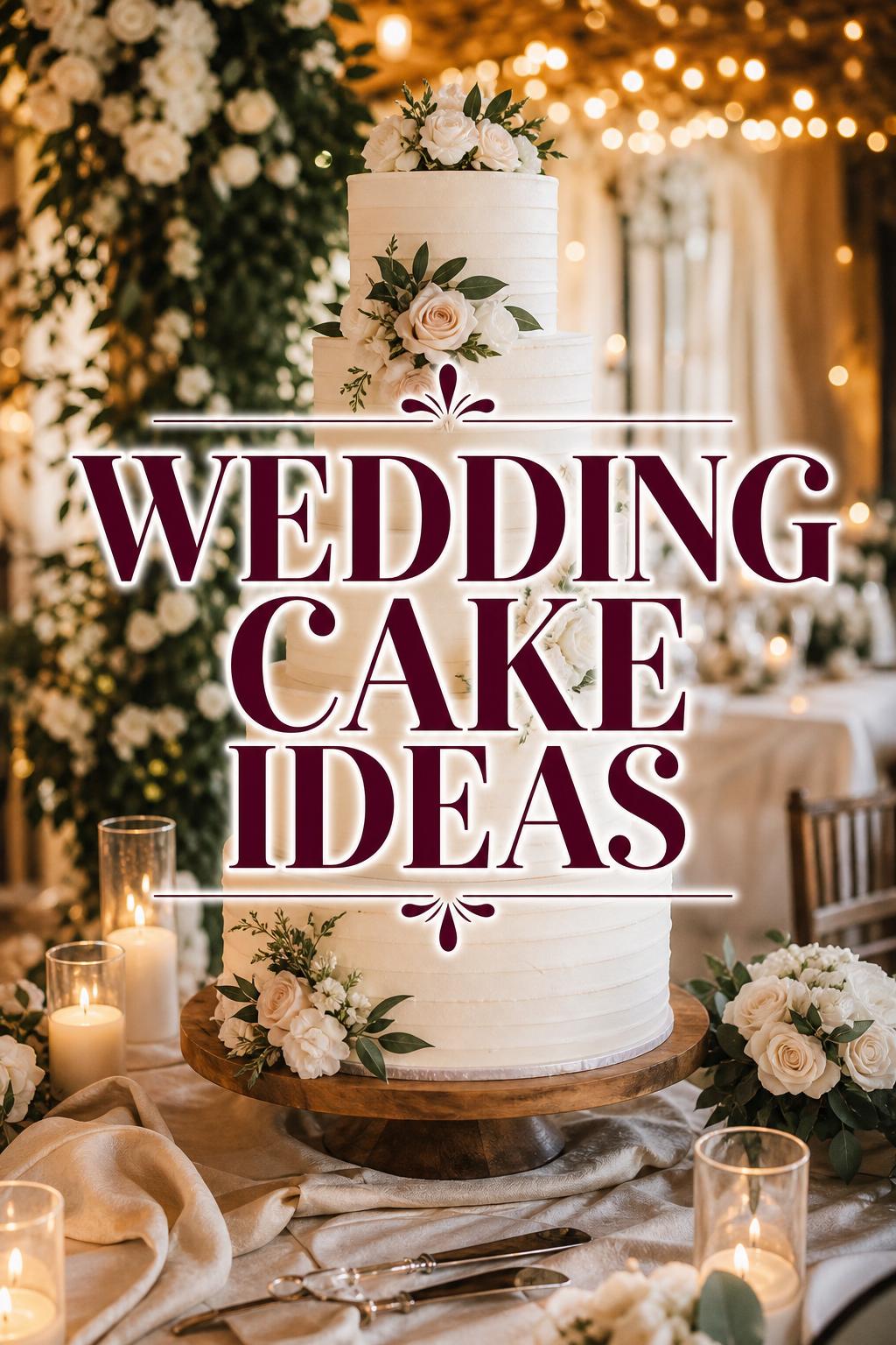 Wedding cake ideas display in golden-hour reception with candles, florals, and elegant white tiered cake centerpiece