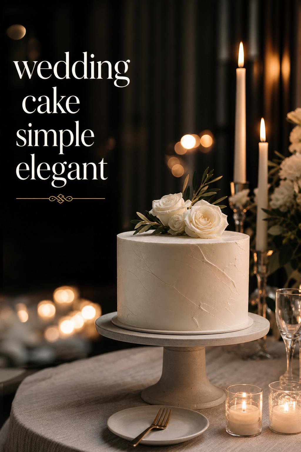 Wedding cake simple elegant in candlelit luxury reception with ivory florals, soft linen table, and cinematic moody lighting