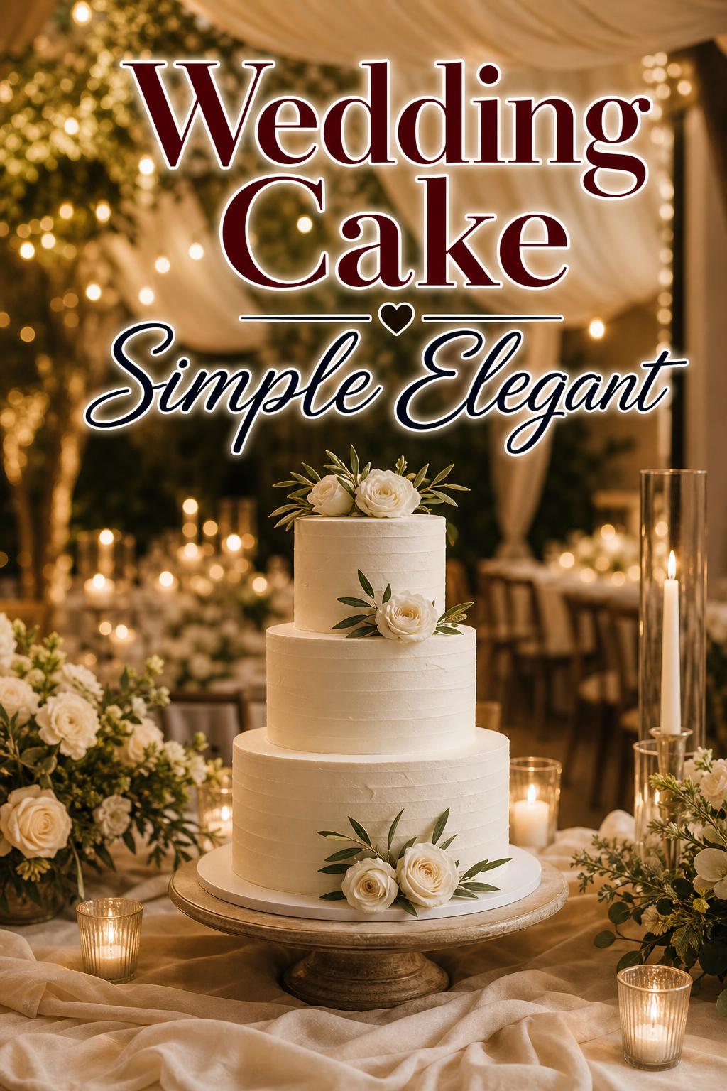 Wedding cake simple elegant tiered ivory cake with soft florals, taper candles, and warm linen draping in a romantic reception setting.