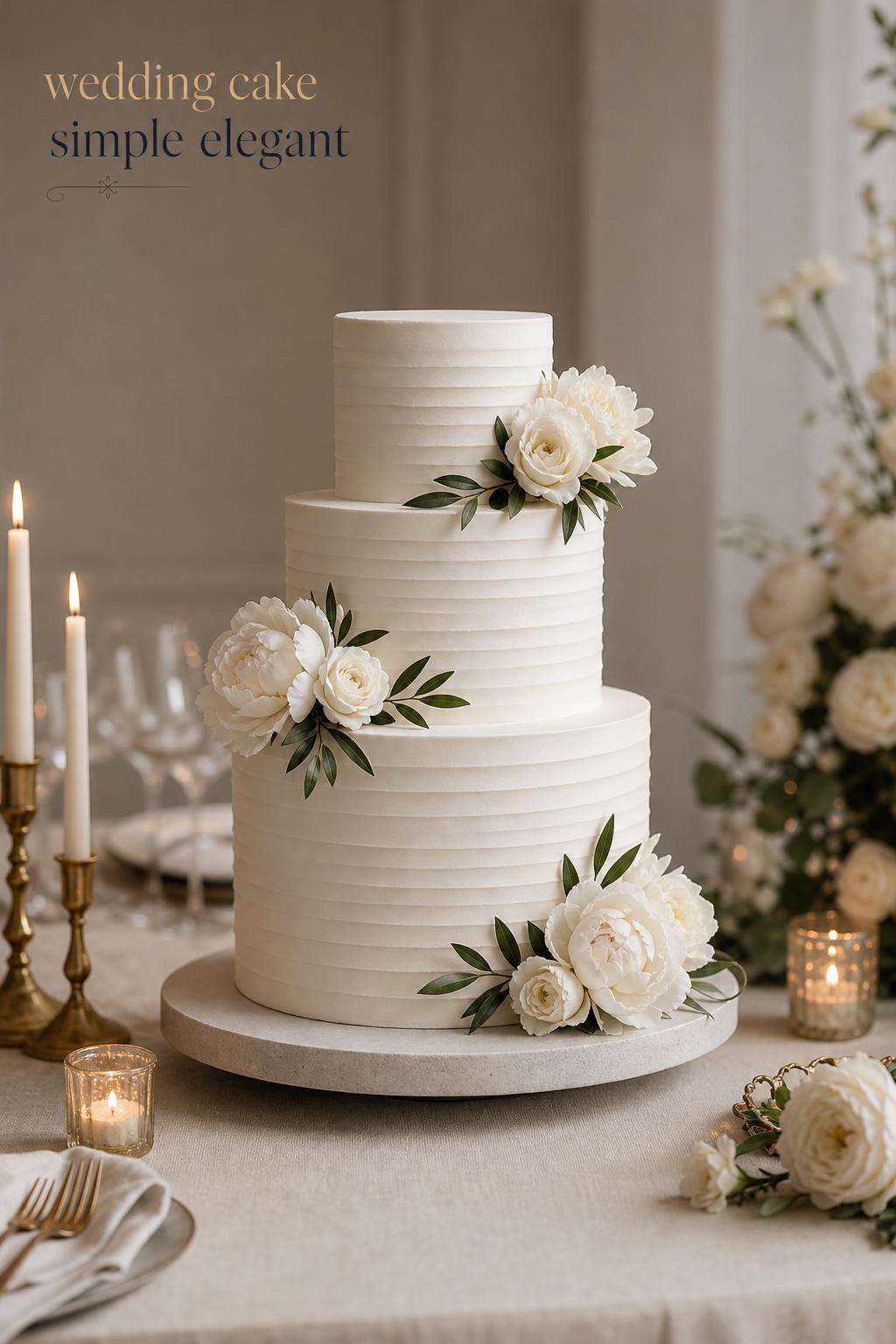 Wedding cake simple elegant on a stone pedestal with soft candlelight and neutral florals in a minimalist luxury reception.