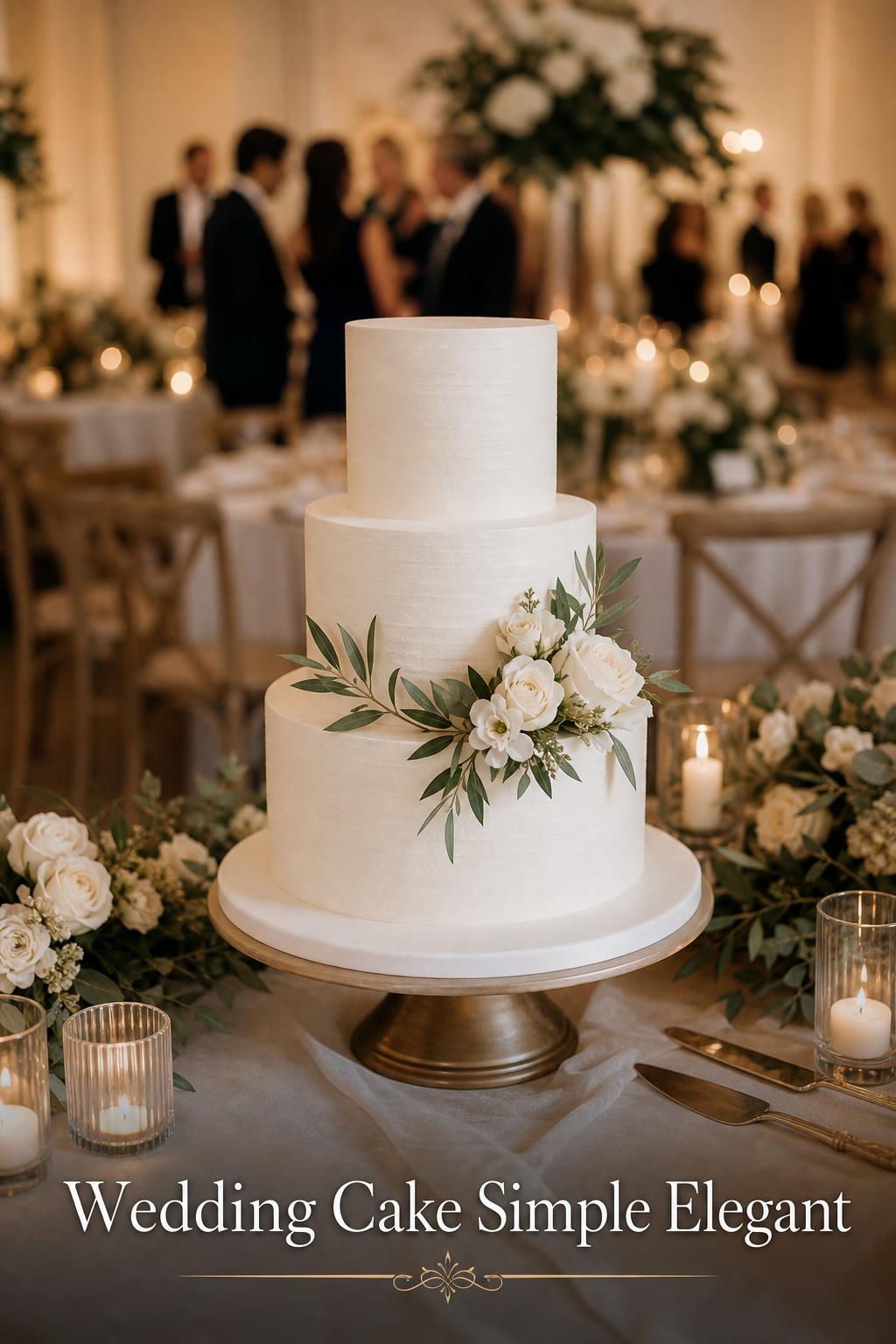 Wedding cake simple elegant in a candlelit quiet luxury reception with soft florals, fine linens, and airy bokeh