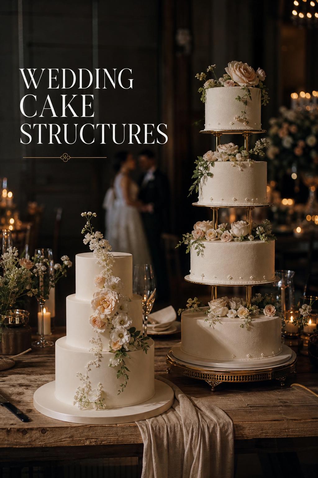 Editorial wedding reception photo comparing wedding cake structures with stacked and separated-tier cakes in candlelit luxury setting