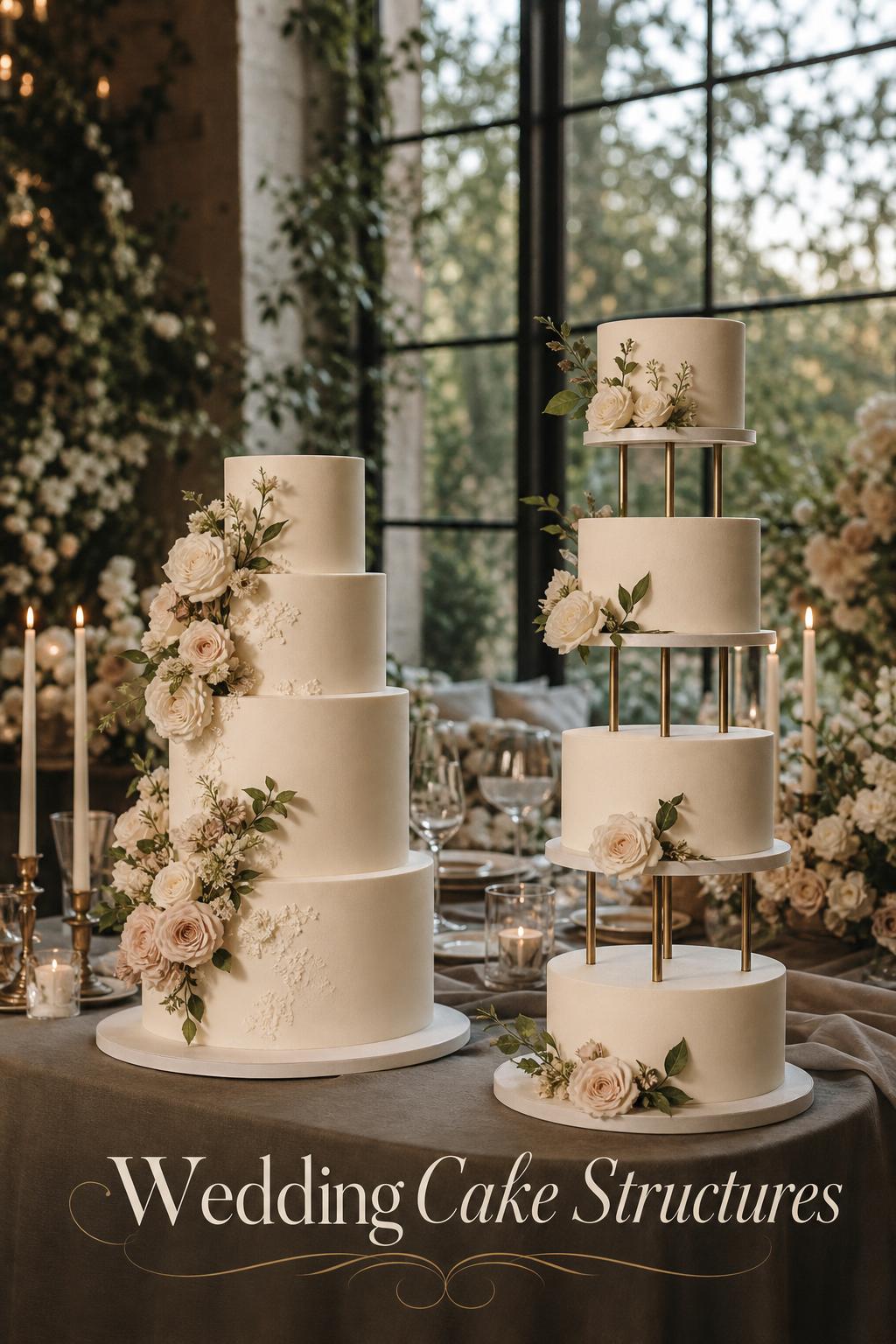 Wedding cake structures comparison with stacked and separated-tier cakes in a luxury reception setting with florals and candlelight